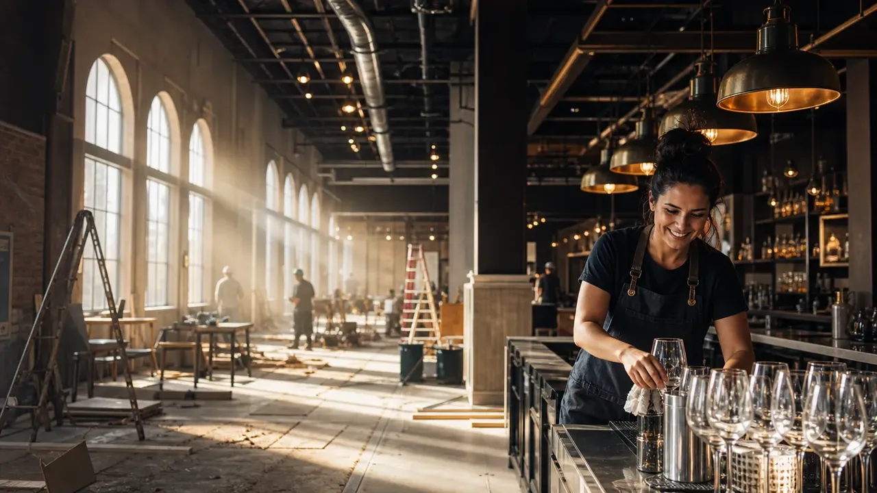 A build-out scene illustrating where hospitality projects actually get caught, shot low and wide to show the height of the room, with a member of the project team at work