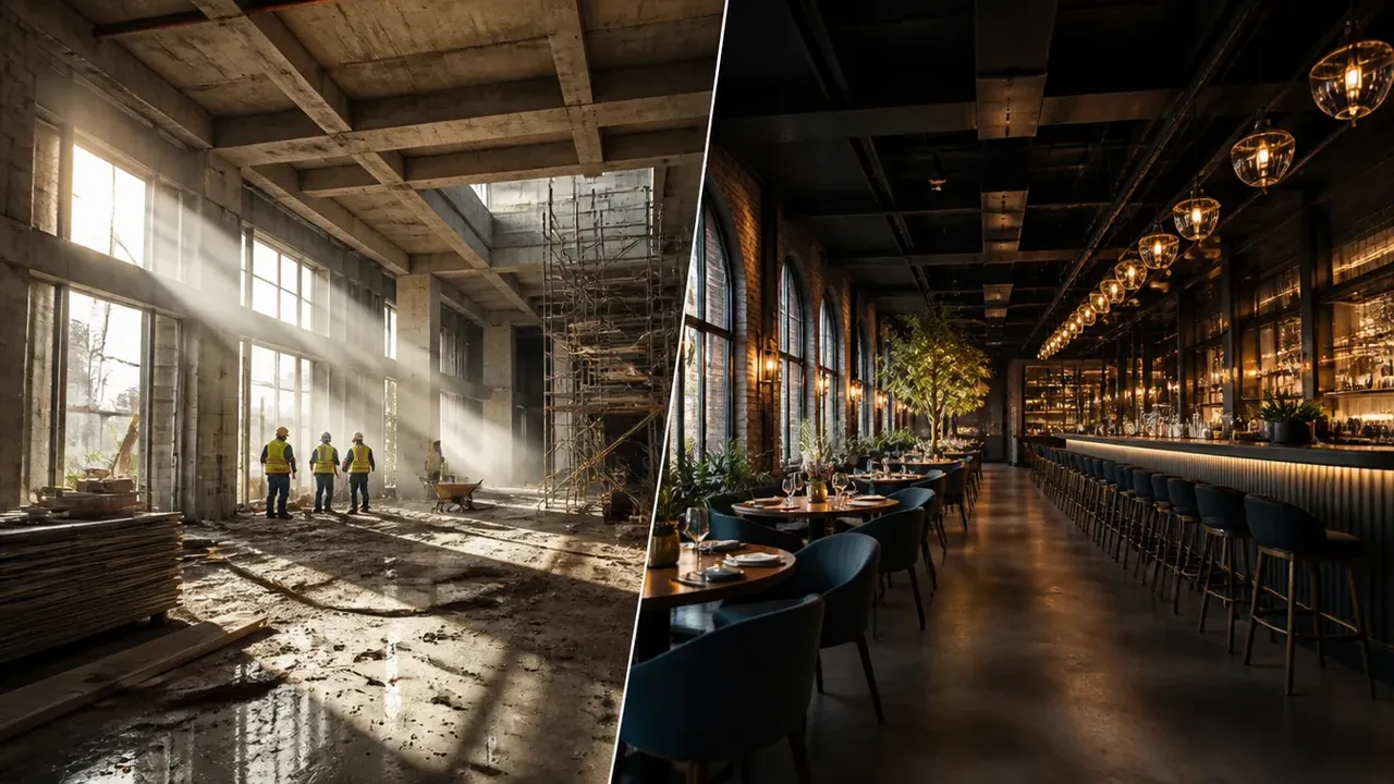 A build-out scene illustrating where the money actually hides, shot low and wide to show the height of the room