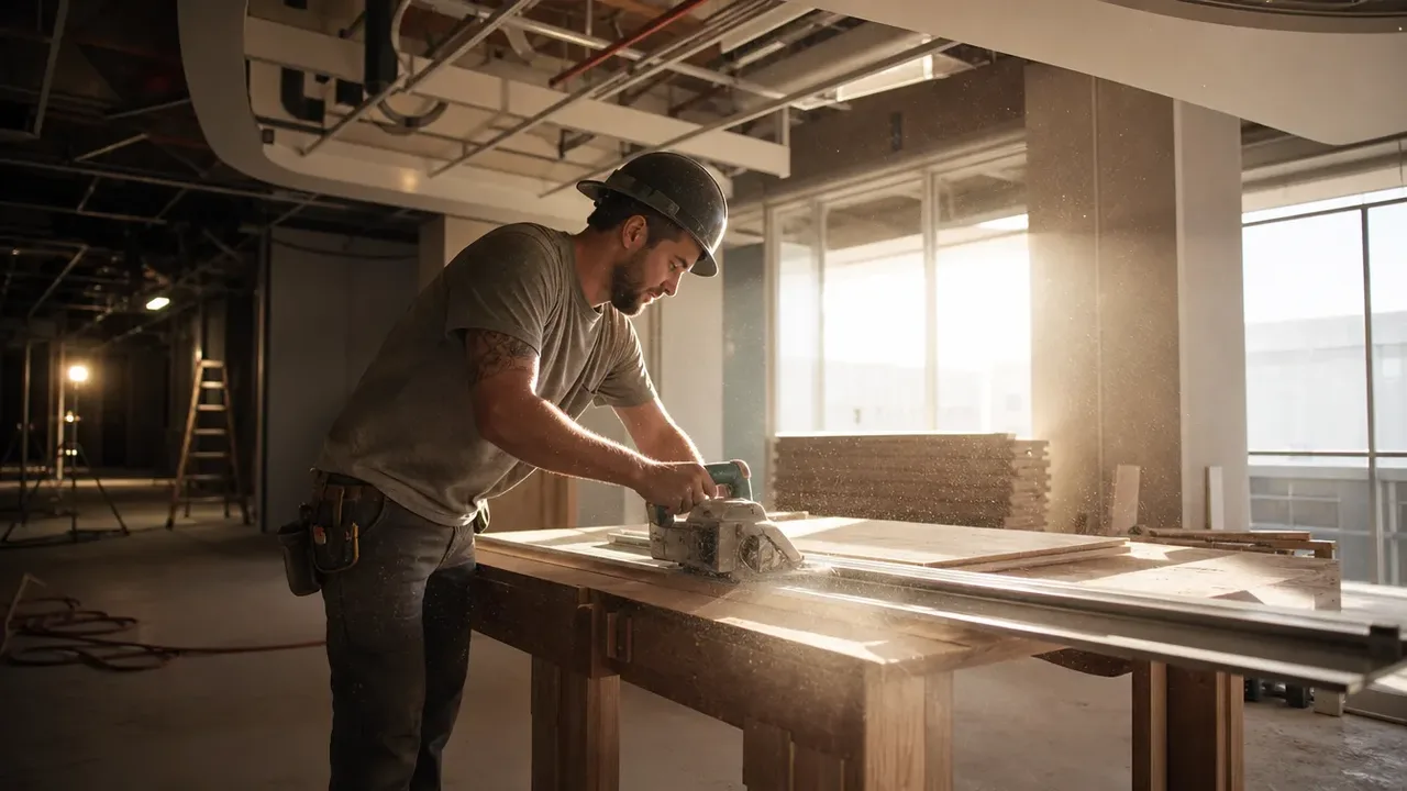 A worker mid-task in a hospitality build-out, illustrating the anatomy of an opening timeline