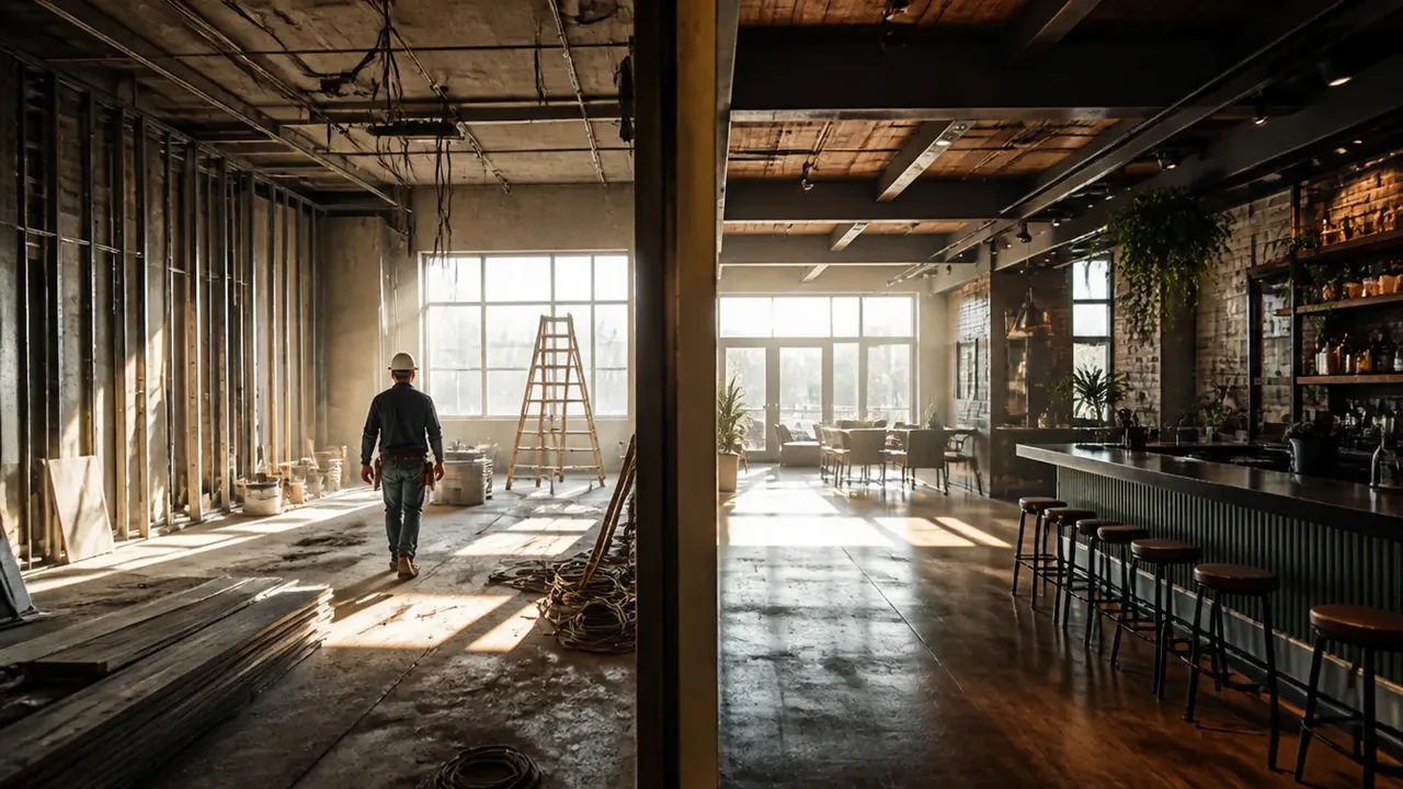 A build-out scene illustrating phase five: construction, in crisp daylight with strong shadows