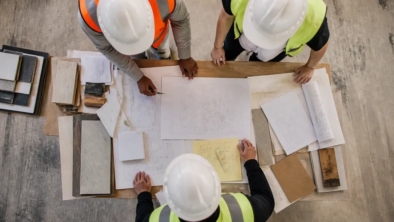 A build-out scene illustrating what a change order actually is, shot from directly overhead in bright even light