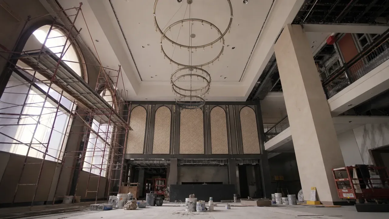 A low wide-angle view of a hospitality build-out, illustrating fixed price, cost-plus, GMP, what the contract decides before work starts