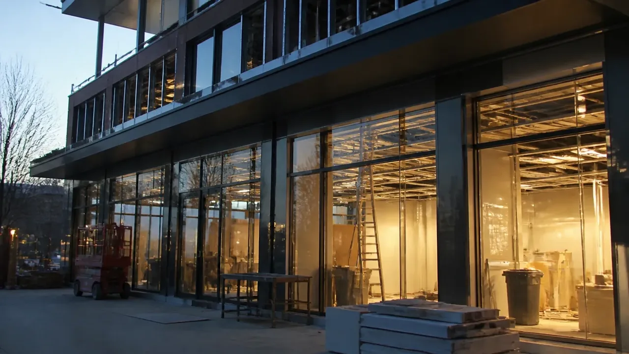 A build-out scene illustrating lie one: nobody agrees what is in the numerator, at dusk with the interior lights on