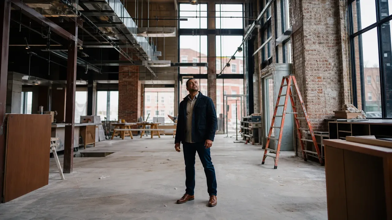 A build-out scene illustrating what the ratios are actually for, shot low and wide to show the height of the room, with a member of the project team at work