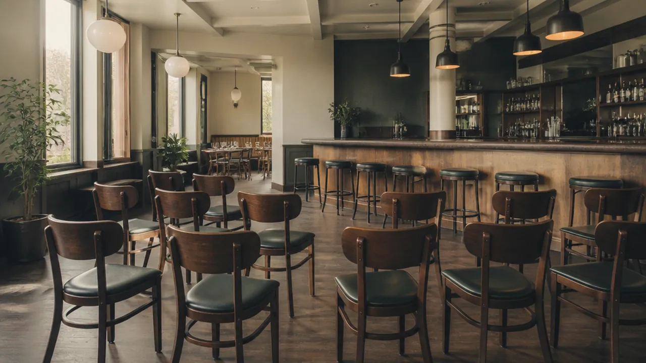 A furnished restaurant dining room with timber chairs, tables and a bar
