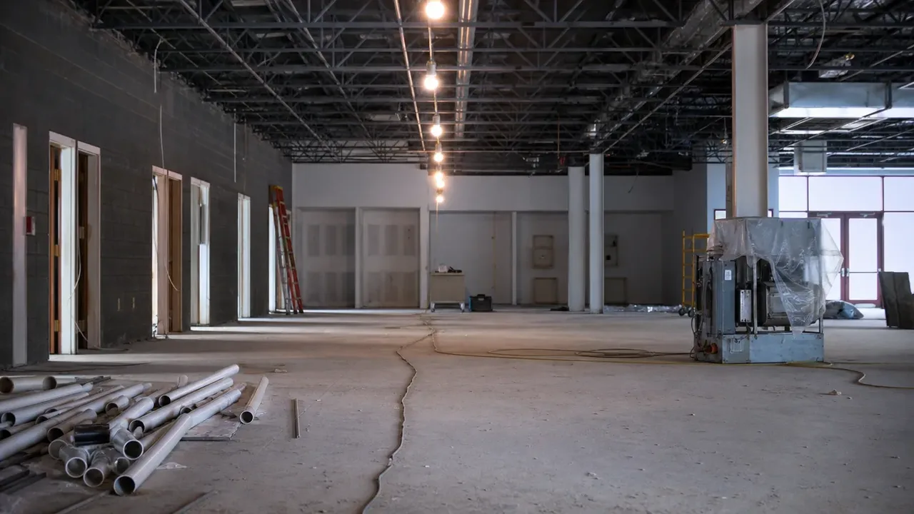 An empty, ready a hospitality build-out, illustrating the last mile, freight, receiving, and installation week
