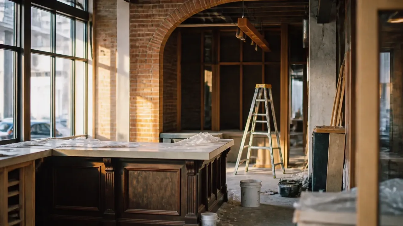 A build-out scene illustrating what self-managing actually costs, shot at table level in warm side light