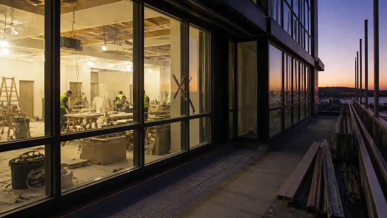 A build-out scene illustrating the timeline is a different genus, at dusk with the interior lights on