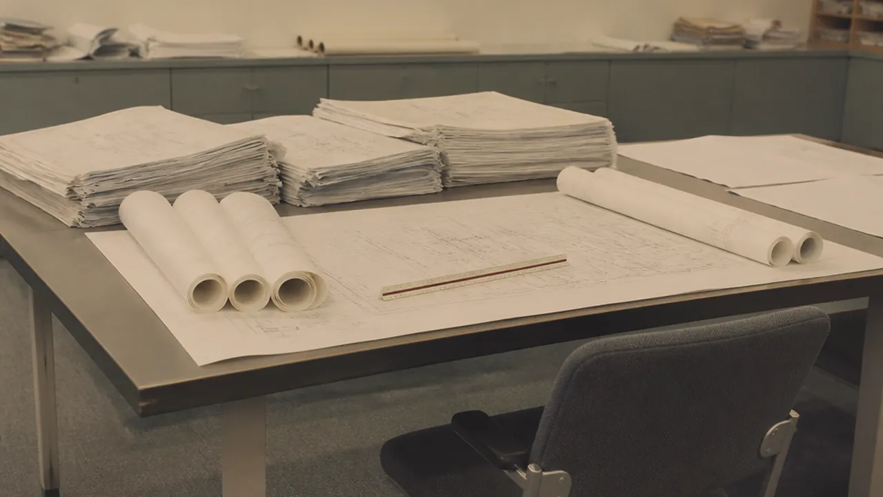 Rolled drawings and paper sets on a project-review table