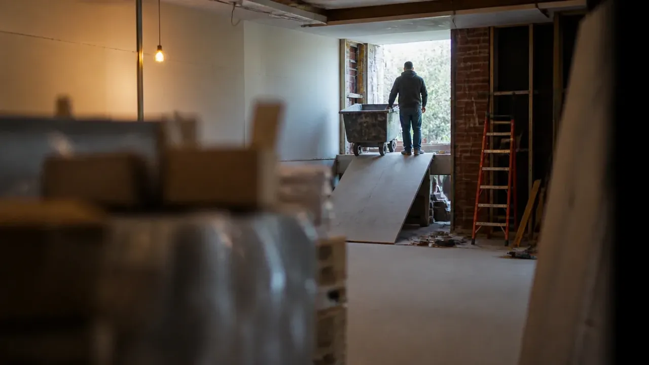 A build-out scene illustrating what the ramp is actually for, shot through soft foreground focus
