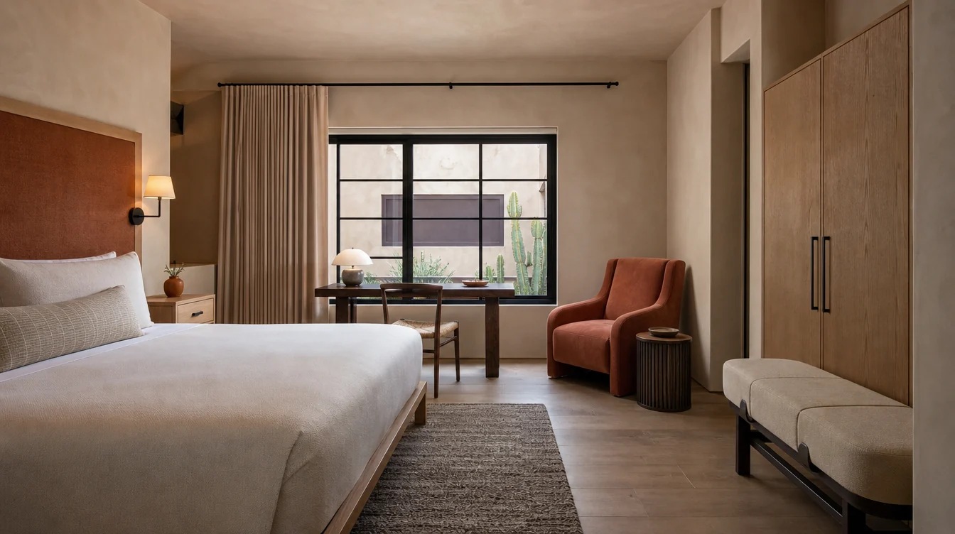 A complete Arizona hotel guest-room furniture arrangement with desk, bedside and lounge pieces.