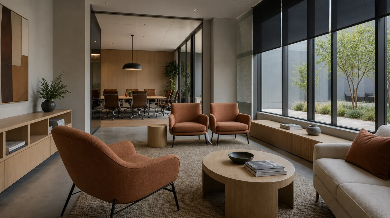 Coordinated furniture across connected commercial rooms in a Arizona setting.