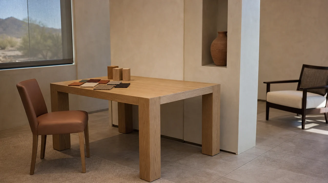 Chairs and finish samples arranged for a Arizona commercial furniture package review.