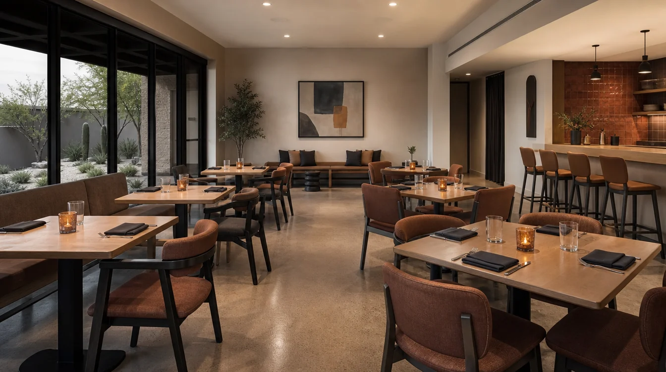 Dining chairs, tables and waiting furniture in a Arizona restaurant setting.