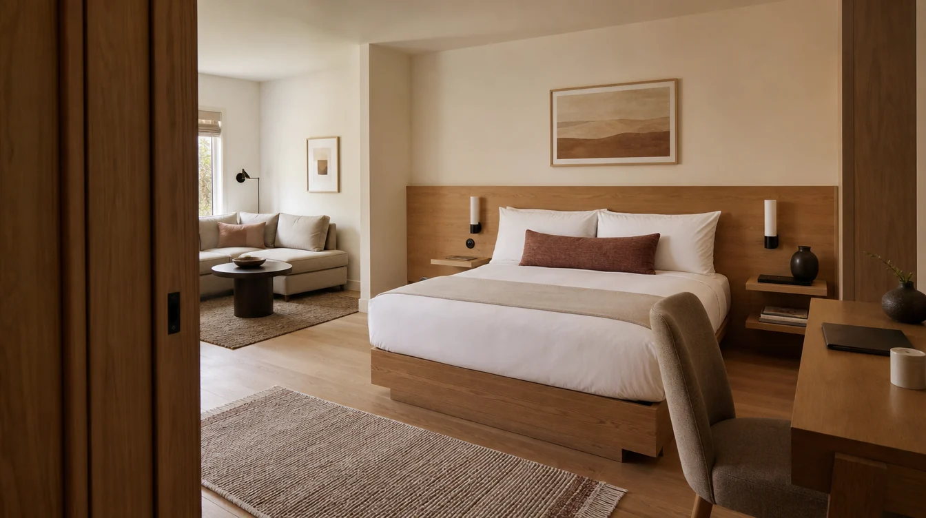 Furnished hotel guest room with an adjoining sitting room