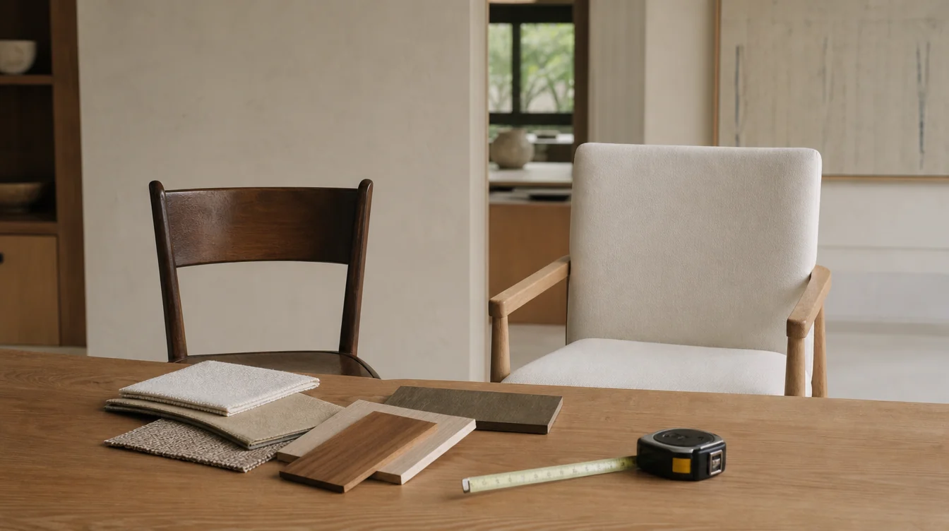 Chairs and finish samples for a furniture package review