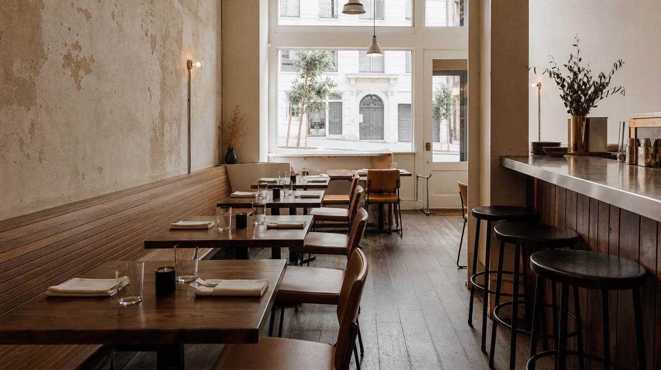 Dining tables and chairs in a furnished restaurant
