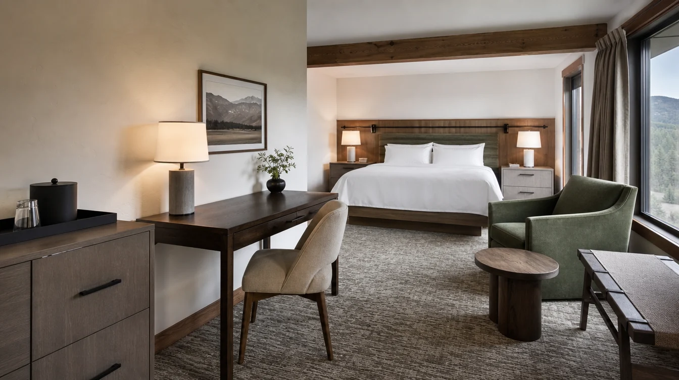 A complete Colorado hotel guest-room furniture arrangement with desk, bedside and lounge pieces.