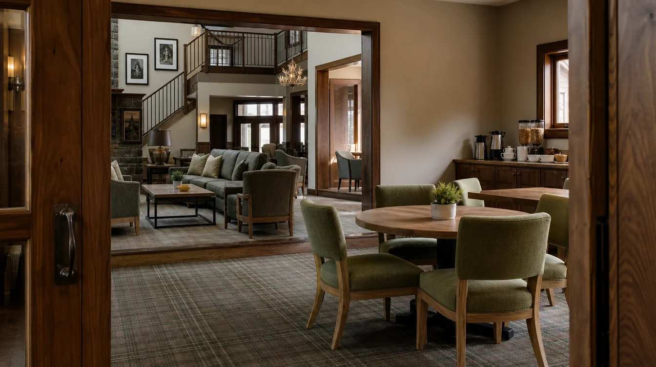 Coordinated furniture across connected commercial rooms in a Colorado setting.