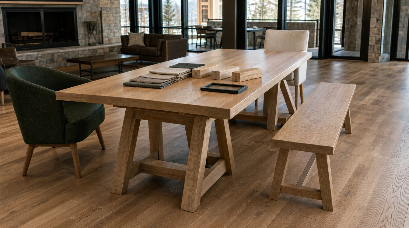 Chairs and finish samples arranged for a Colorado commercial furniture package review.