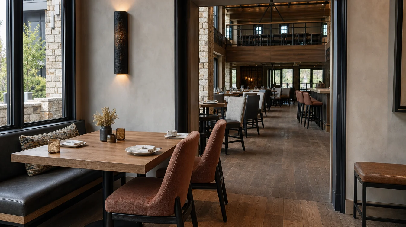 Dining chairs, tables and waiting furniture in a Colorado restaurant setting.