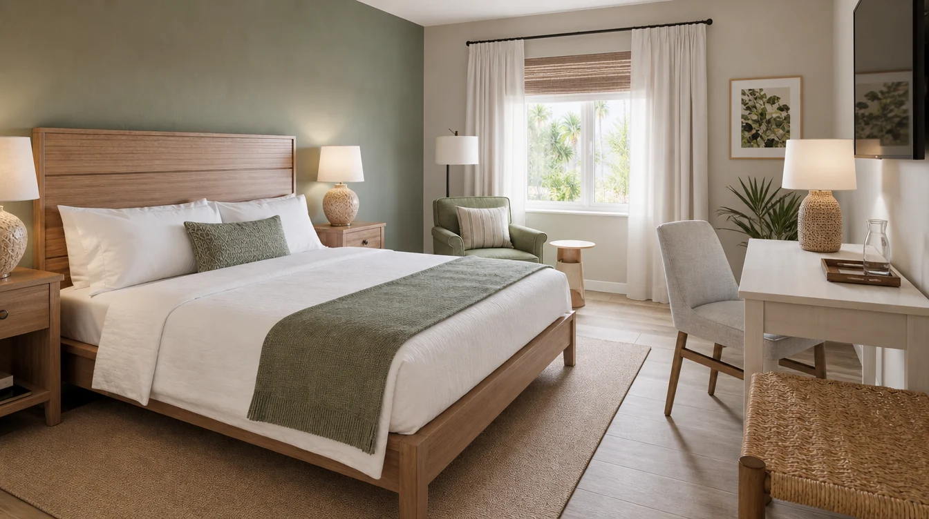 A furnished hotel guest room with coordinated bedside, desk and lounge pieces