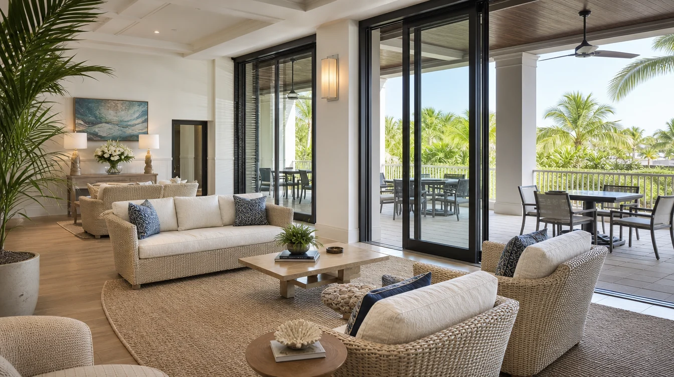 Furnished hotel lounge opening onto a covered dining terrace