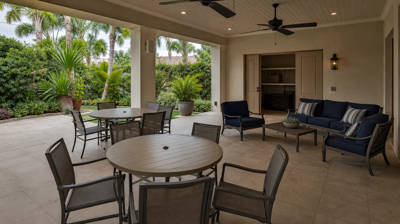 Tables and seating in a covered terrace