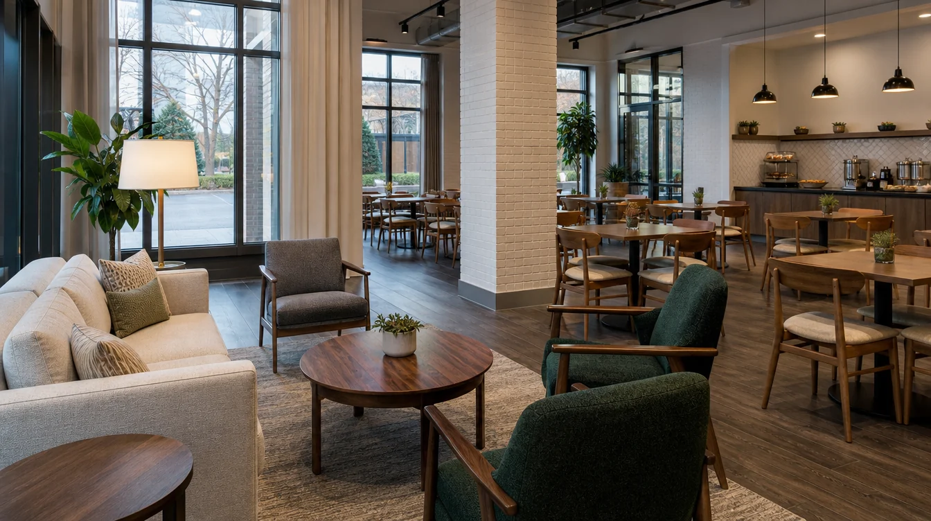 Hotel reception lounge and breakfast room with coordinated seating