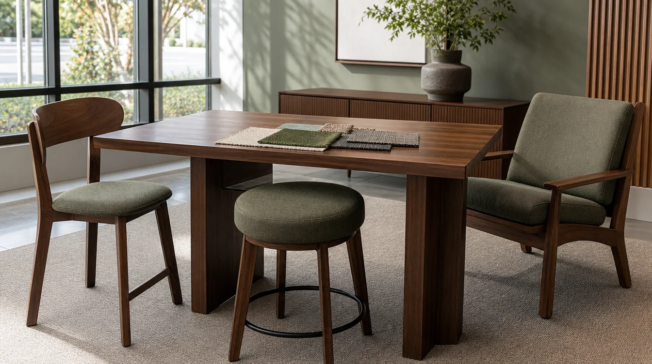 Chairs and finish samples for a furniture package review