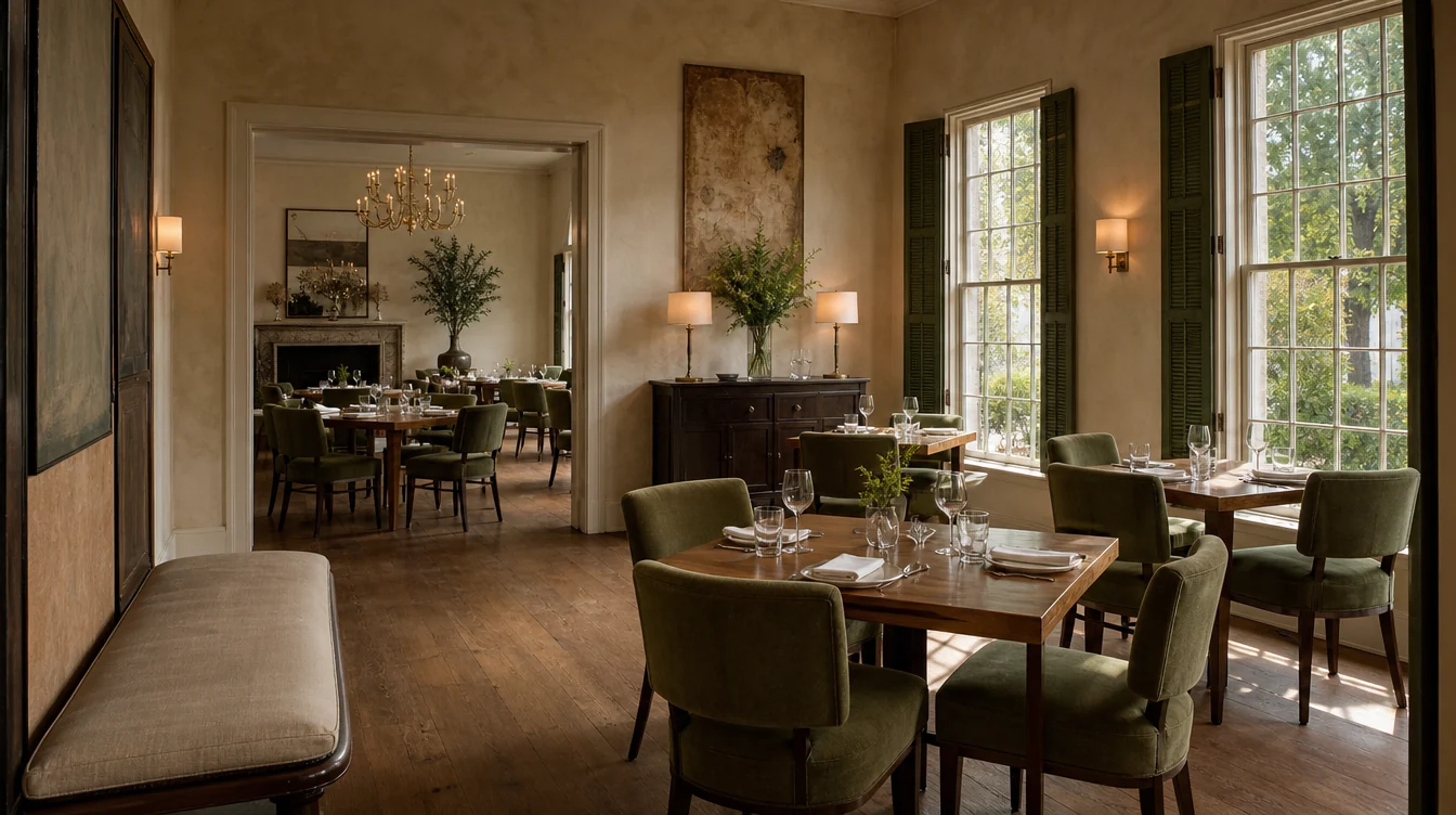 Dining tables and chairs in a furnished restaurant