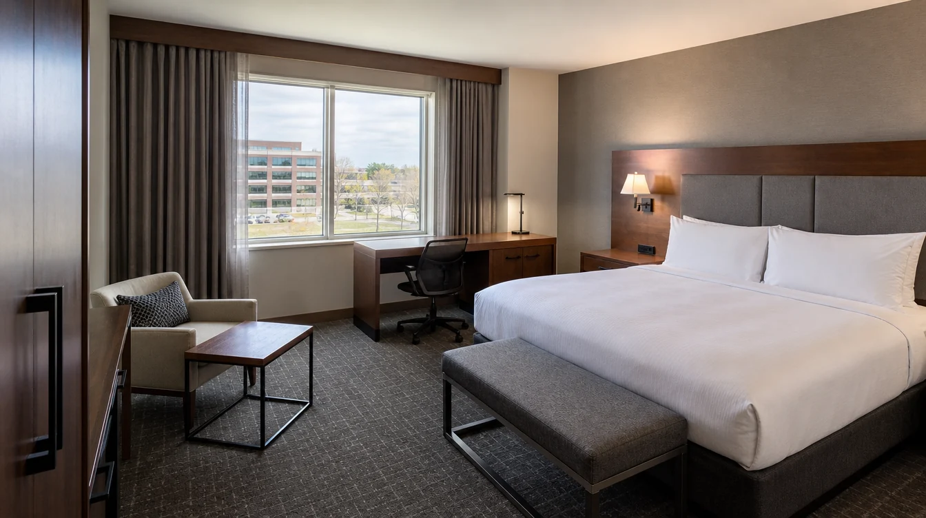 A complete Illinois hotel guest-room furniture arrangement with desk, bedside and lounge pieces.
