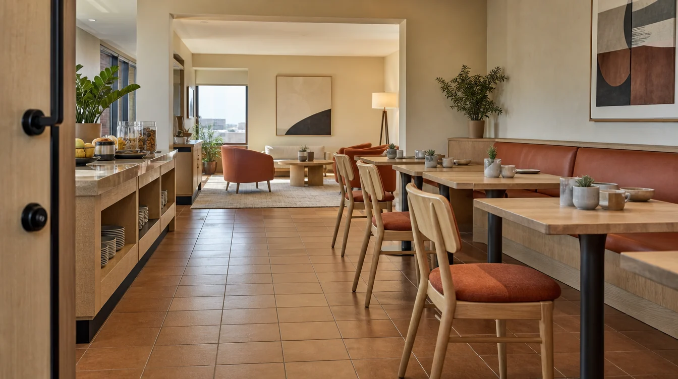 Coordinated furniture across connected commercial rooms in a Illinois setting.