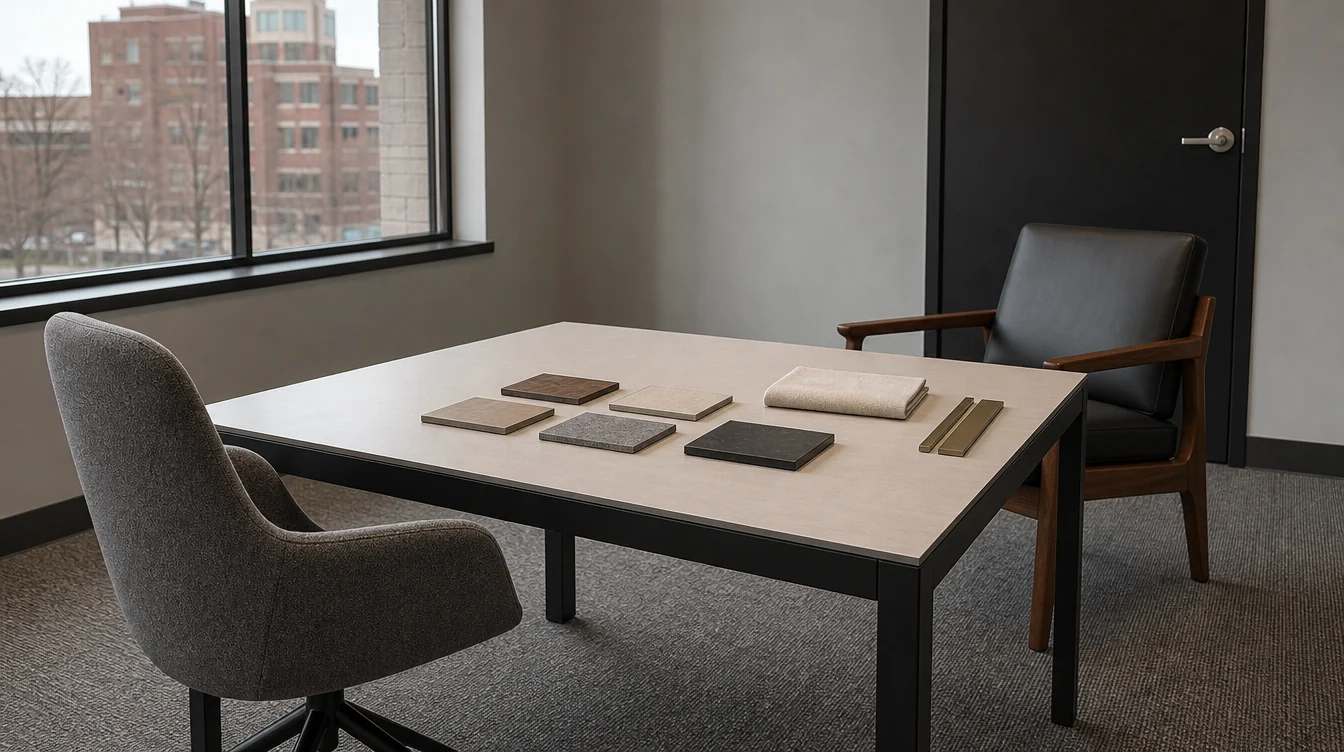 Chairs and finish samples arranged for a Illinois commercial furniture package review.