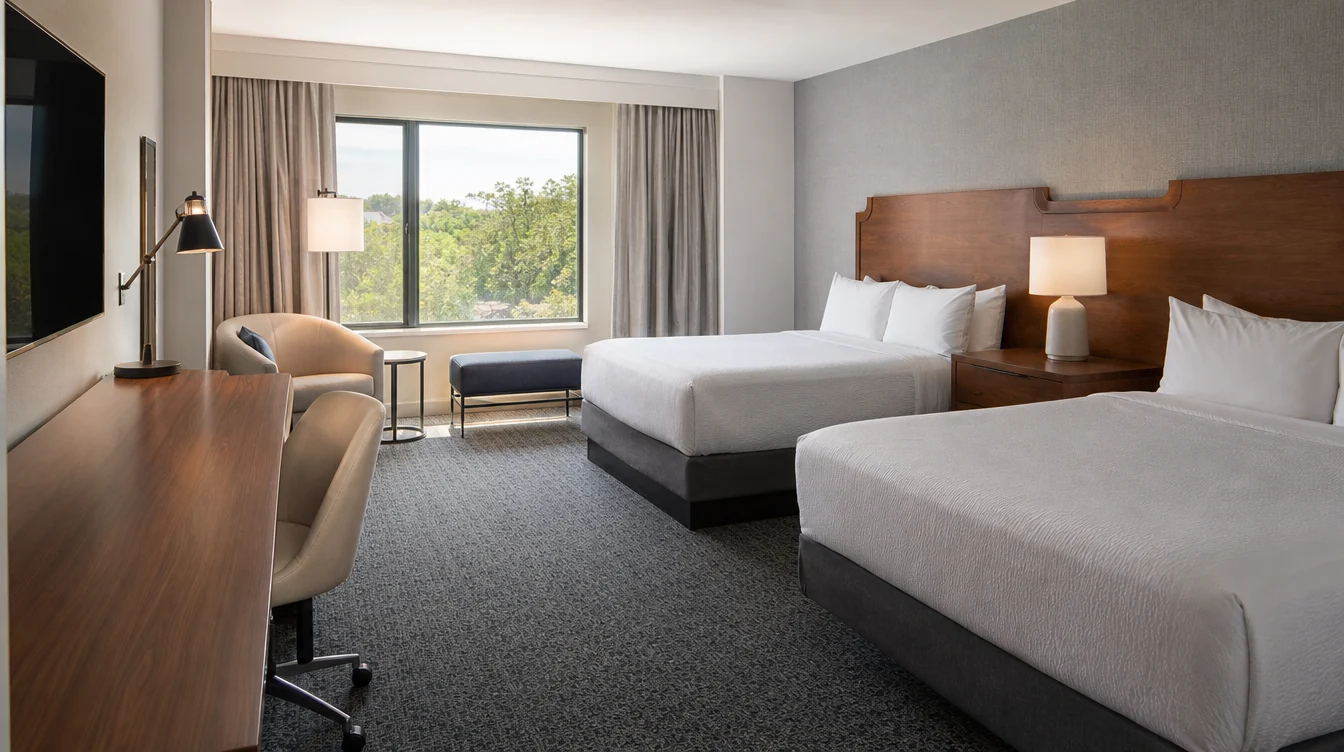 A complete Maryland hotel guest-room furniture arrangement with desk, bedside and lounge pieces.