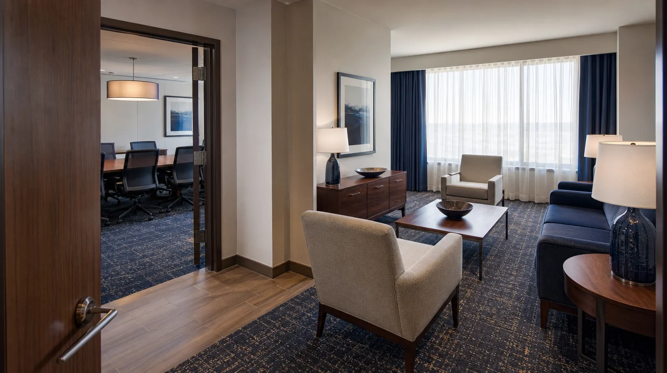 Coordinated furniture across connected commercial rooms in a Maryland setting.