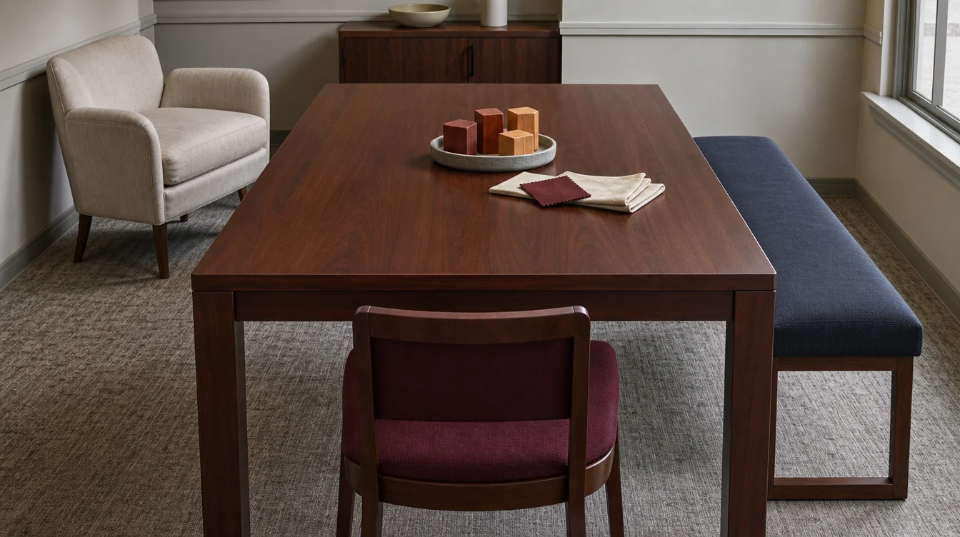 Chairs and finish samples arranged for a Maryland commercial furniture package review.