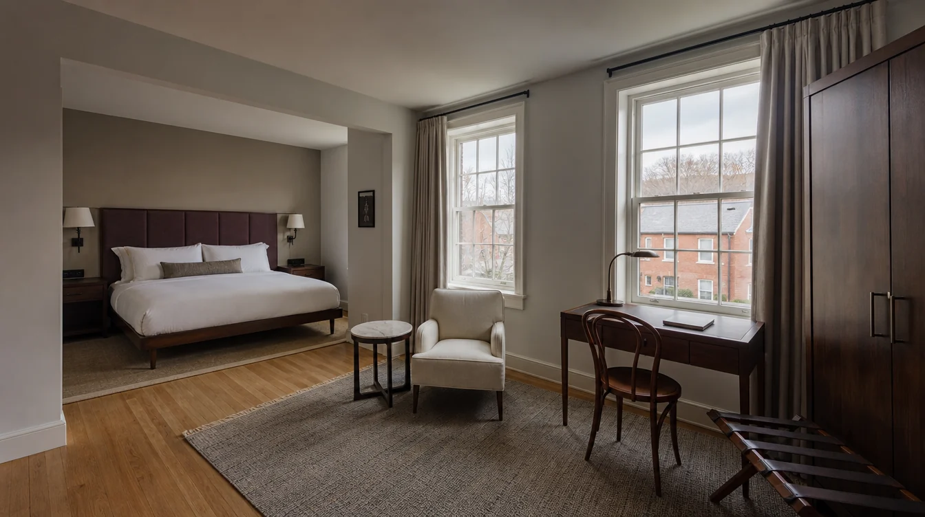 A complete Massachusetts hotel guest-room furniture arrangement with desk, bedside and lounge pieces.