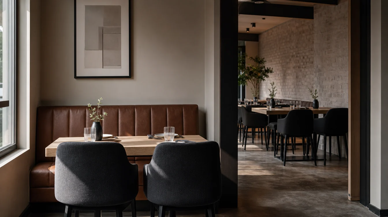 Coordinated furniture across connected commercial rooms in a Massachusetts setting.
