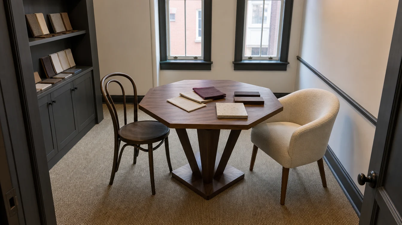 Chairs and finish samples arranged for a Massachusetts commercial furniture package review.