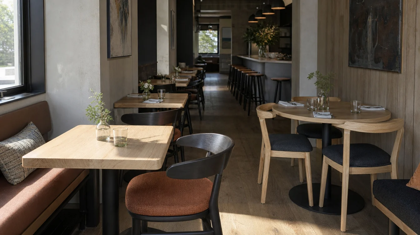 Dining chairs, tables and waiting furniture in a Massachusetts restaurant setting.