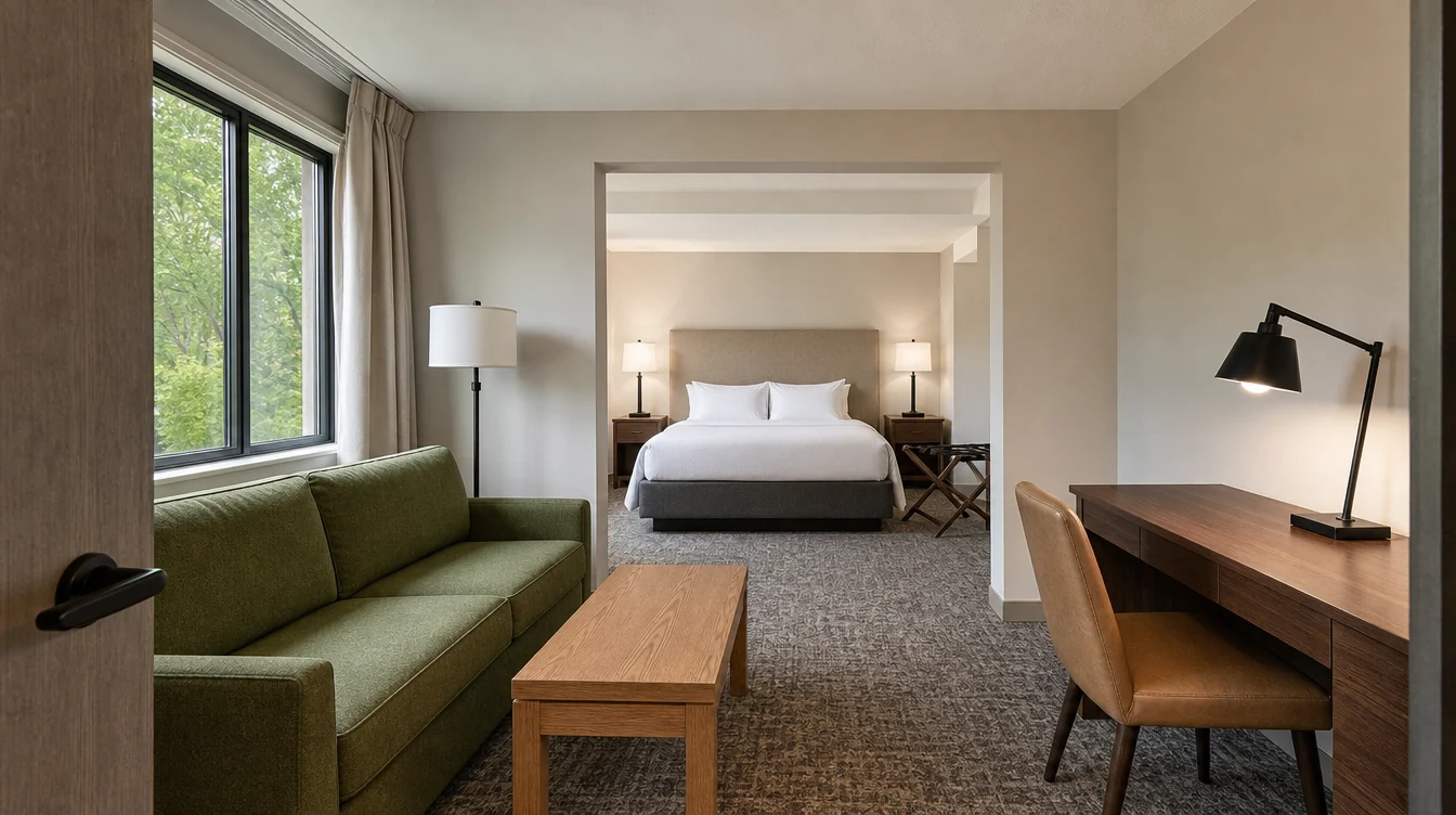 A complete Michigan hotel guest-room furniture arrangement with desk, bedside and lounge pieces.