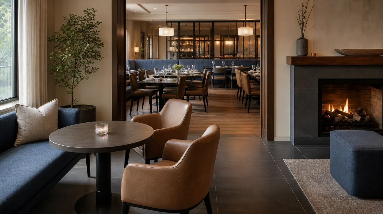 Coordinated furniture across connected commercial rooms in a Michigan setting.