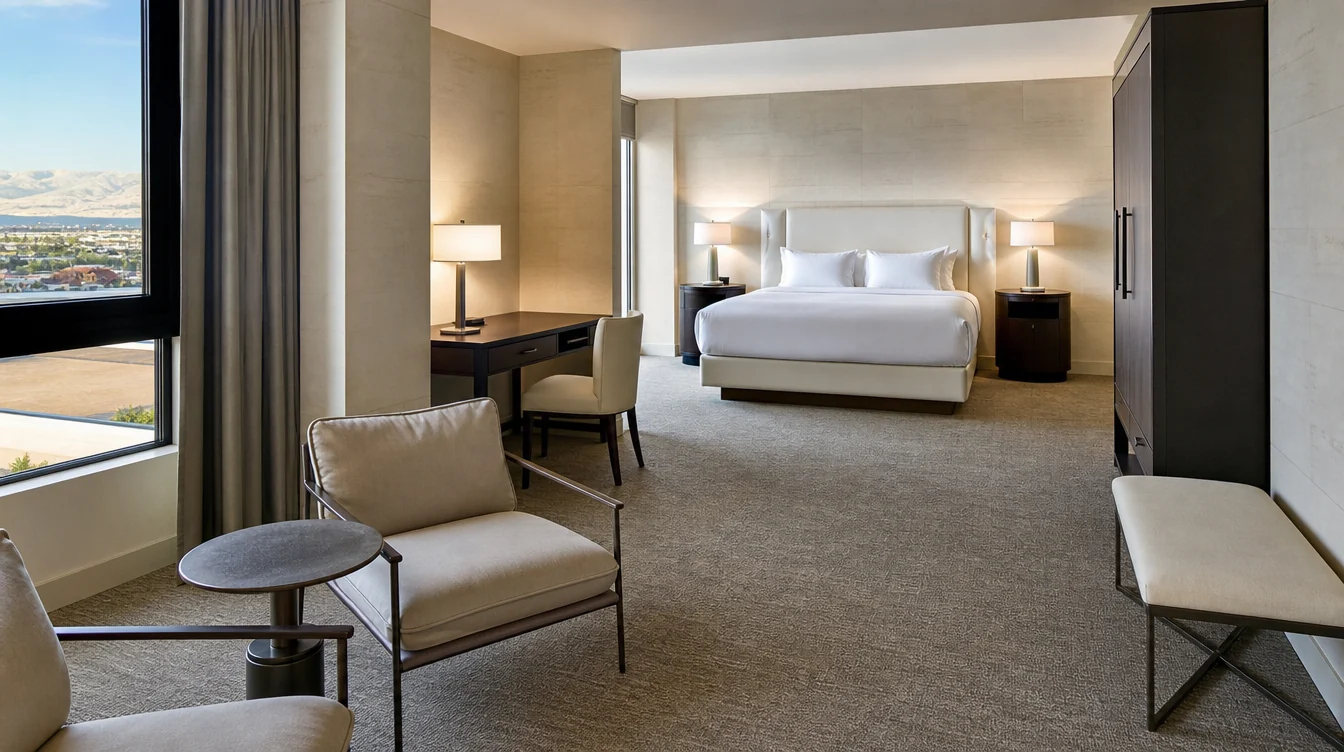 A complete Nevada hotel guest-room furniture arrangement with desk, bedside and lounge pieces.