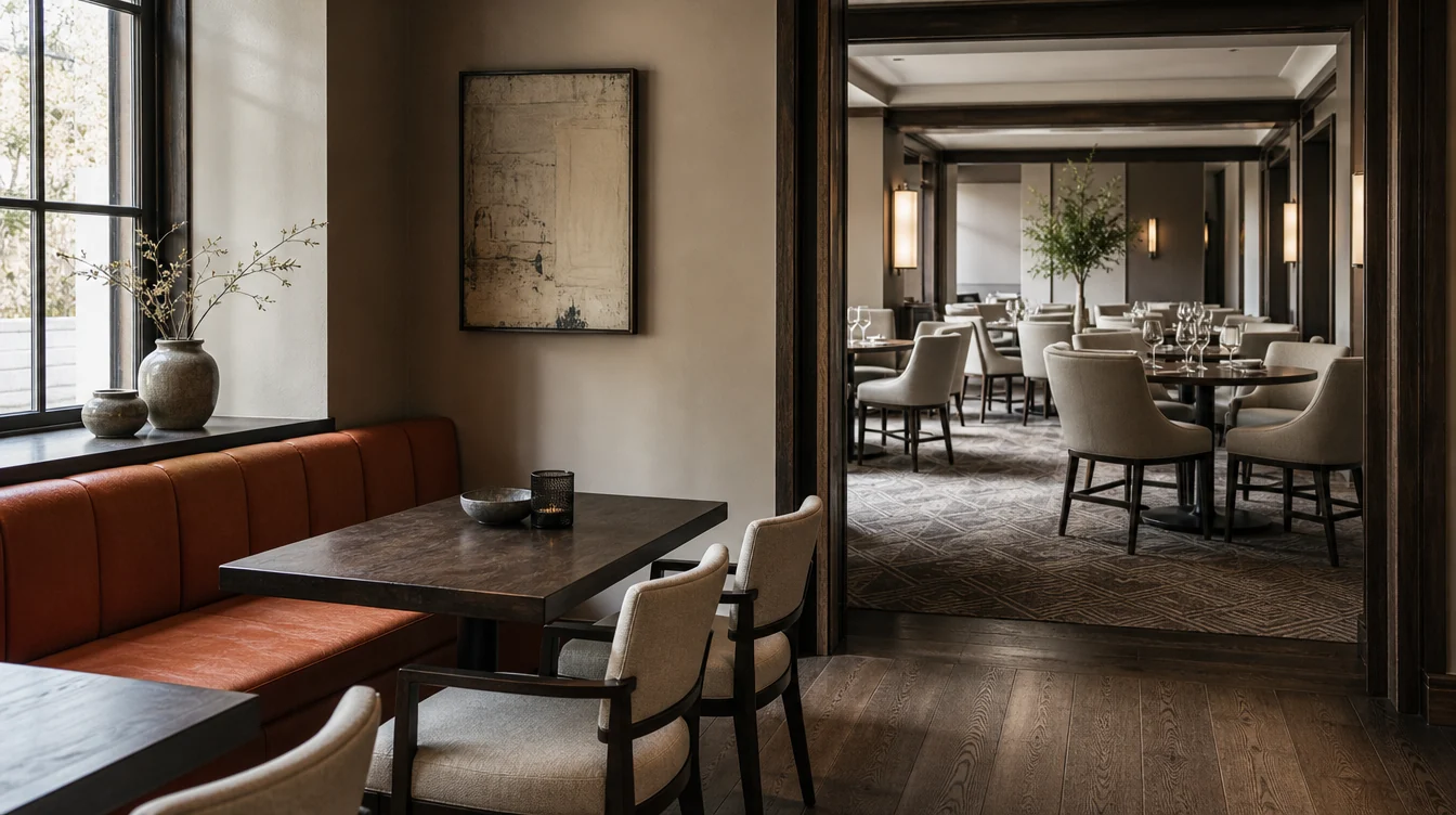 Coordinated furniture across connected commercial rooms in a Nevada setting.