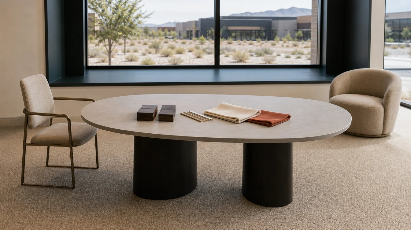 Chairs and finish samples arranged for a Nevada commercial furniture package review.