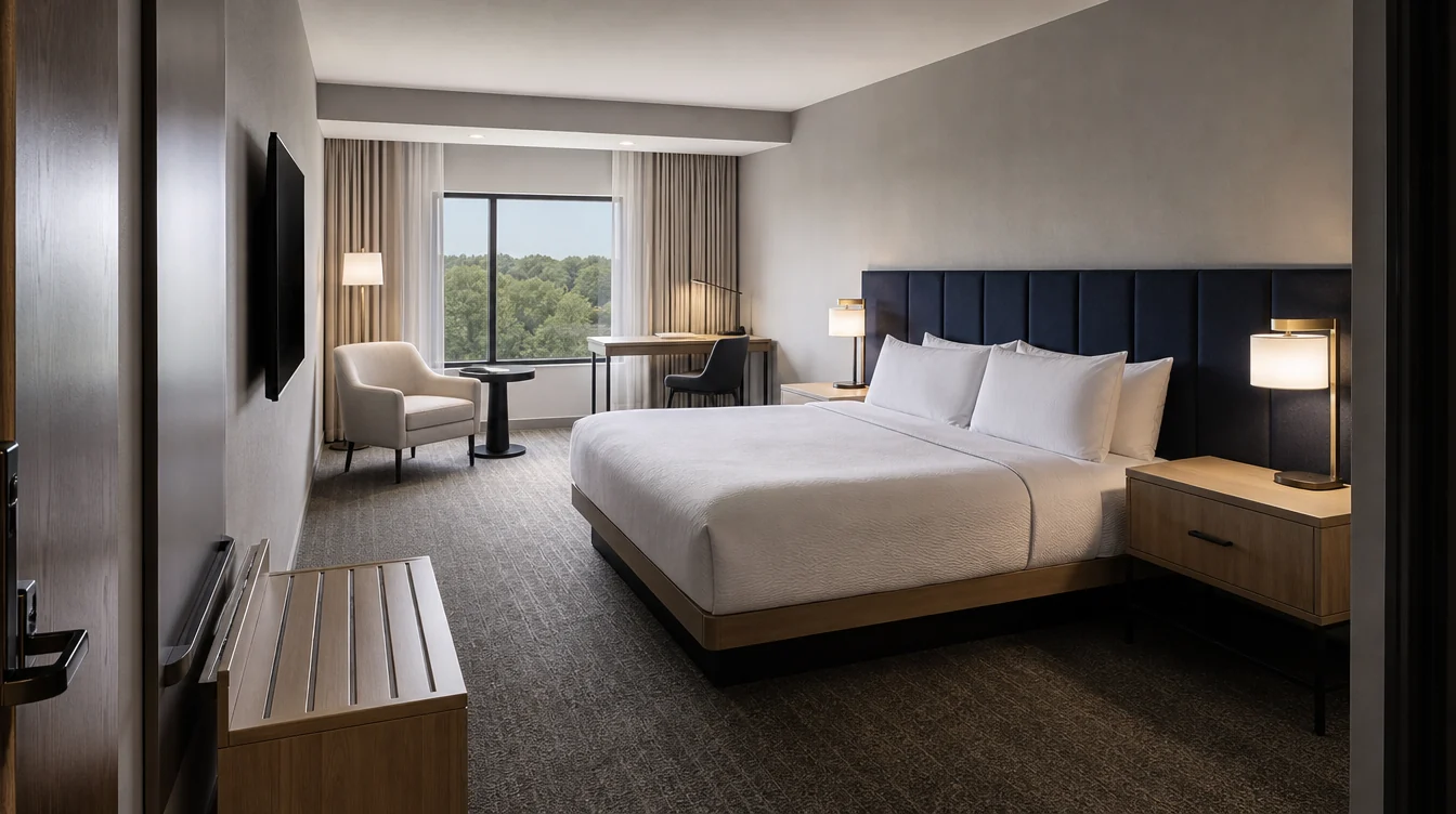 A complete New Jersey hotel guest-room furniture arrangement with desk, bedside and lounge pieces.