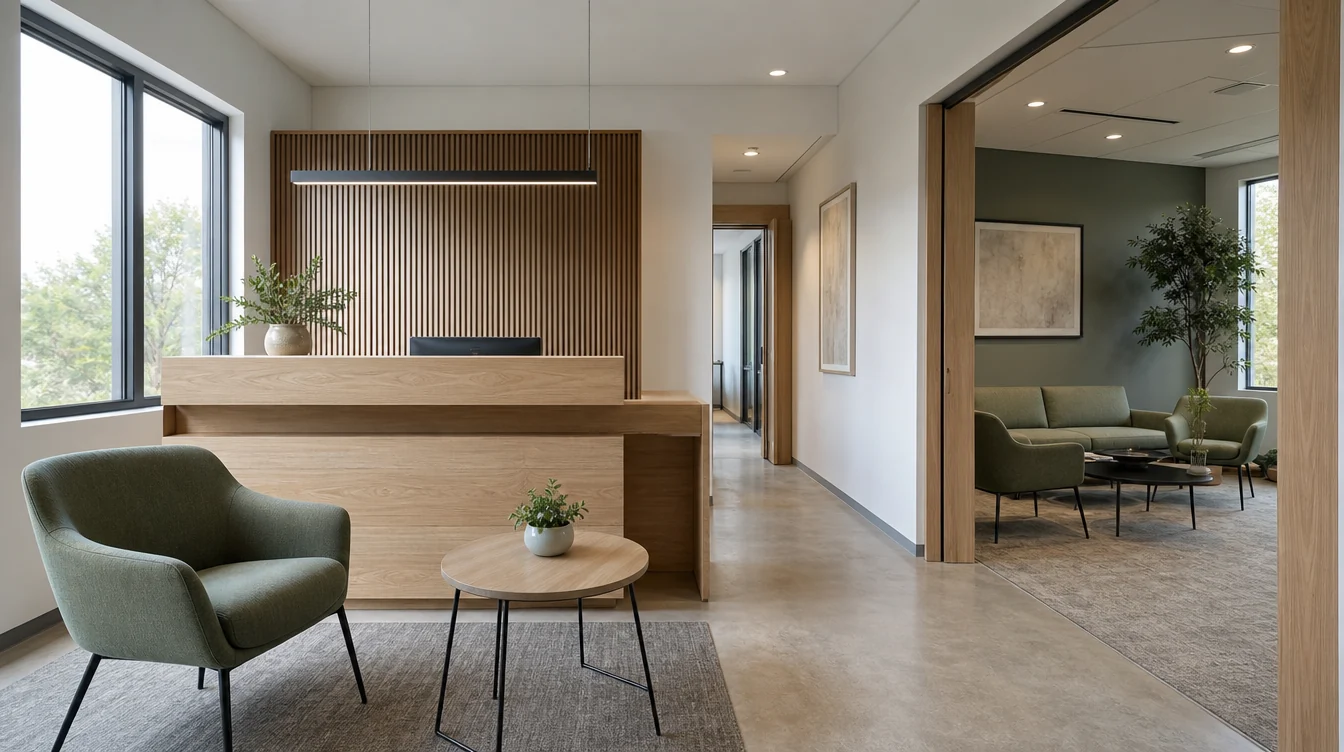 Coordinated furniture across connected commercial rooms in a New Jersey setting.