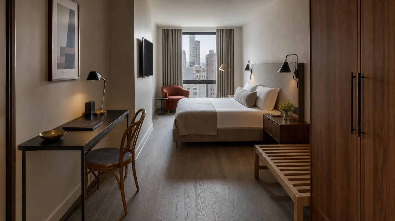 A complete New York hotel guest-room furniture arrangement with desk, bedside and lounge pieces.
