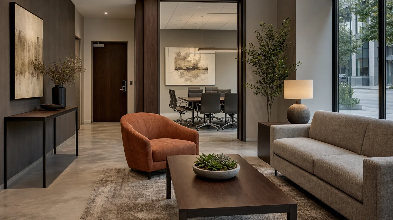 Coordinated furniture across connected commercial rooms in a New York setting.